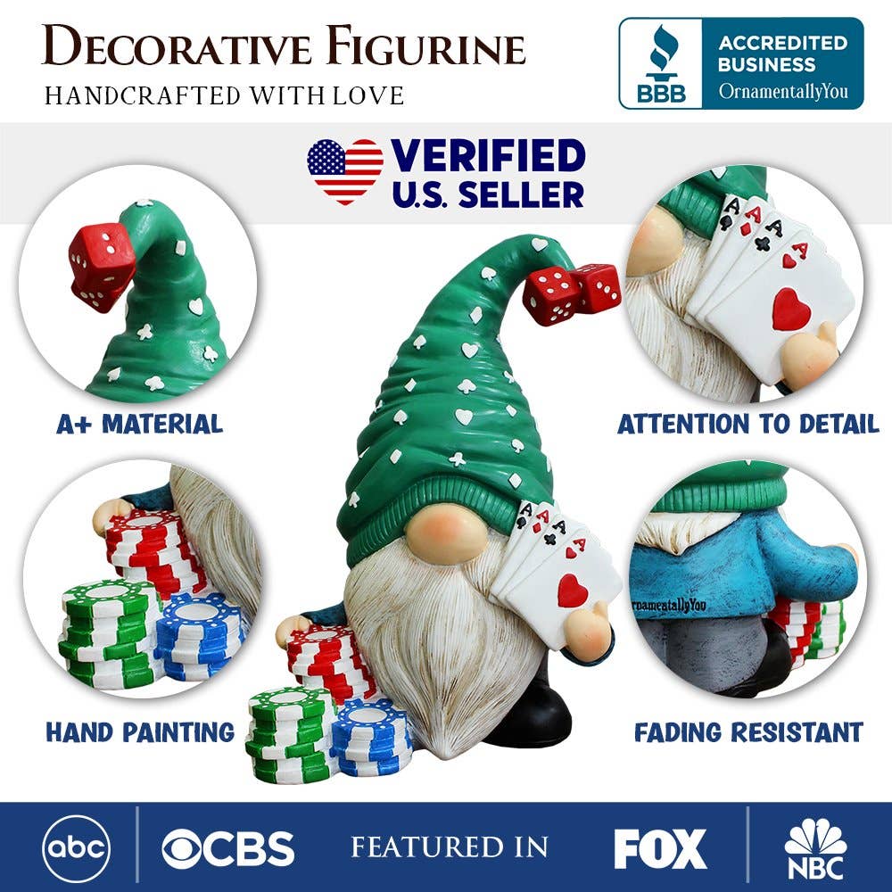 Casino Poker Gnome Figurine, 8" Room Table Decor Statue - Oak Down Collectibles