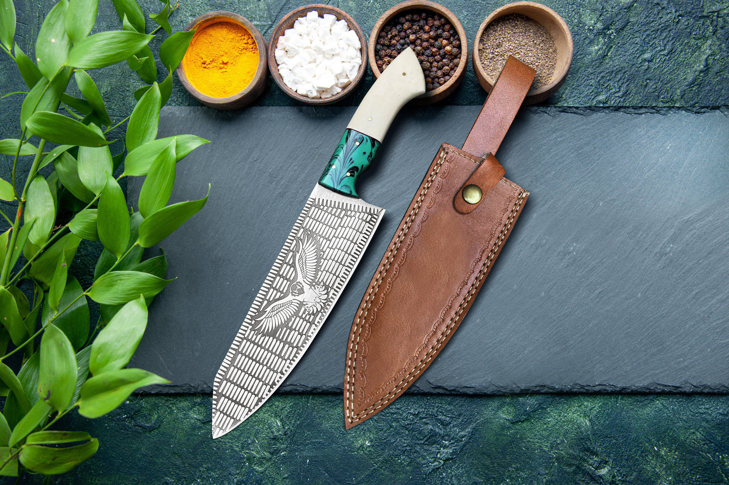 Stainless steel chef knife Eagle style with leather sheath