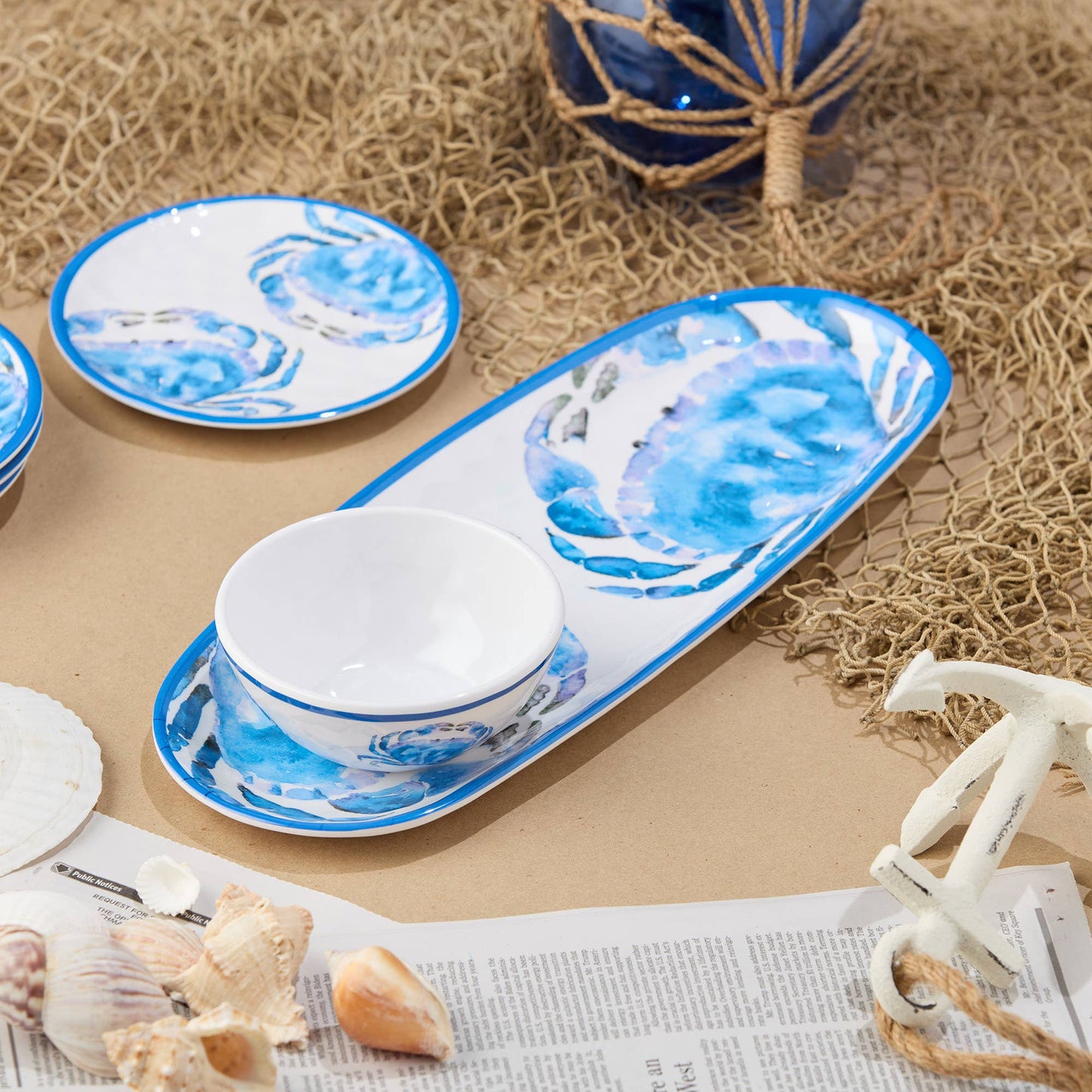 Beach House Crab Oval Tray 15in x 6in with Dip Bowl 4.75in