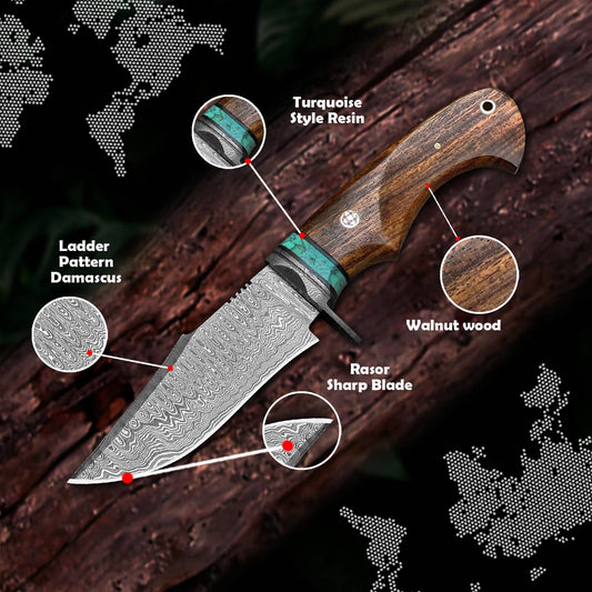 10' Handmade damascus steel knife with leather sheath