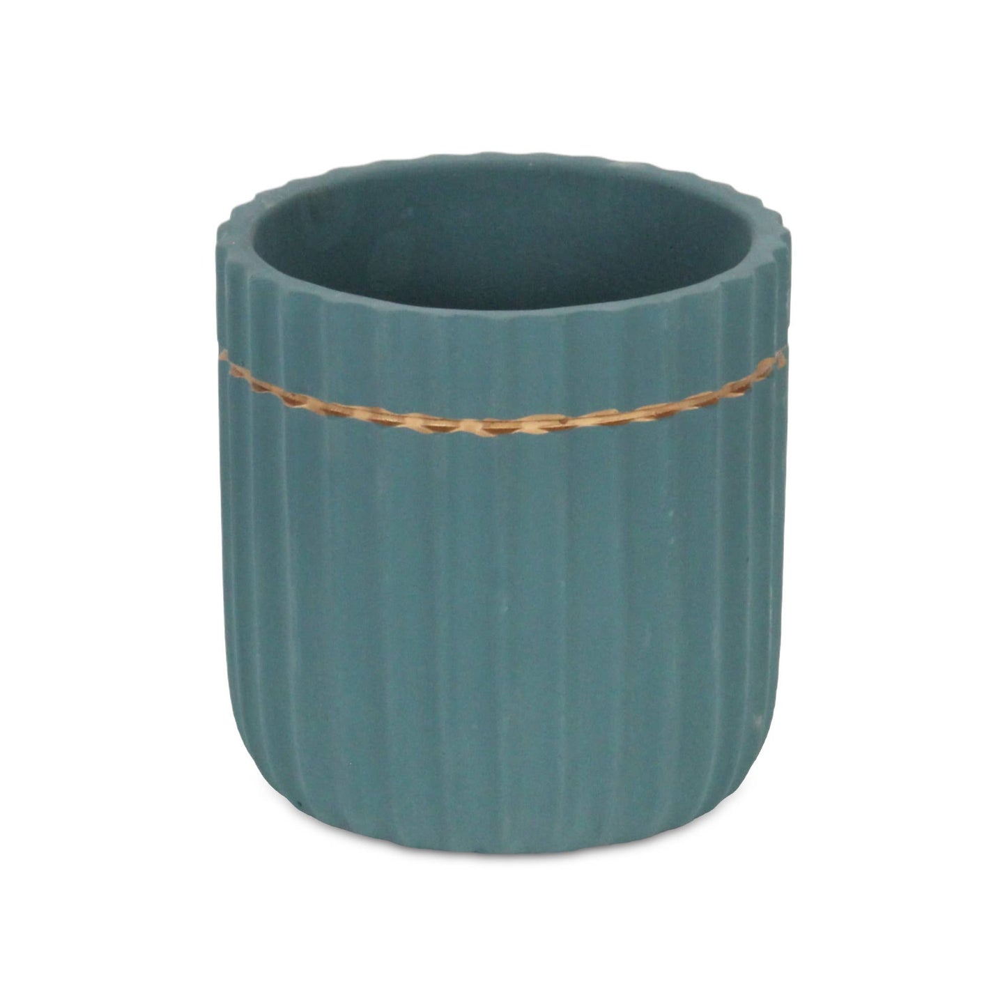 Aurine Round Gold Trimmed Ridged Ceramic Pot - Blue