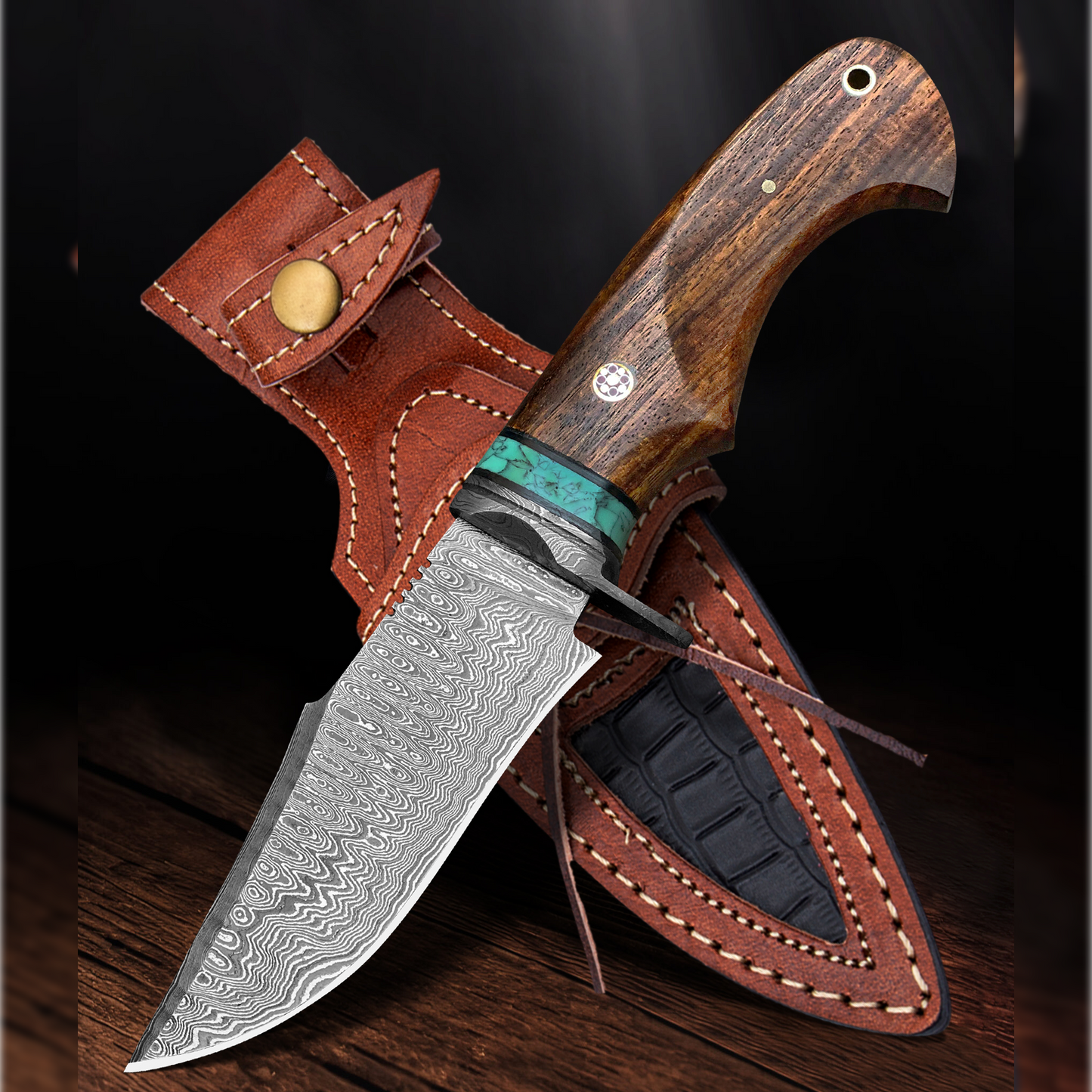 10' Handmade damascus steel knife with leather sheath