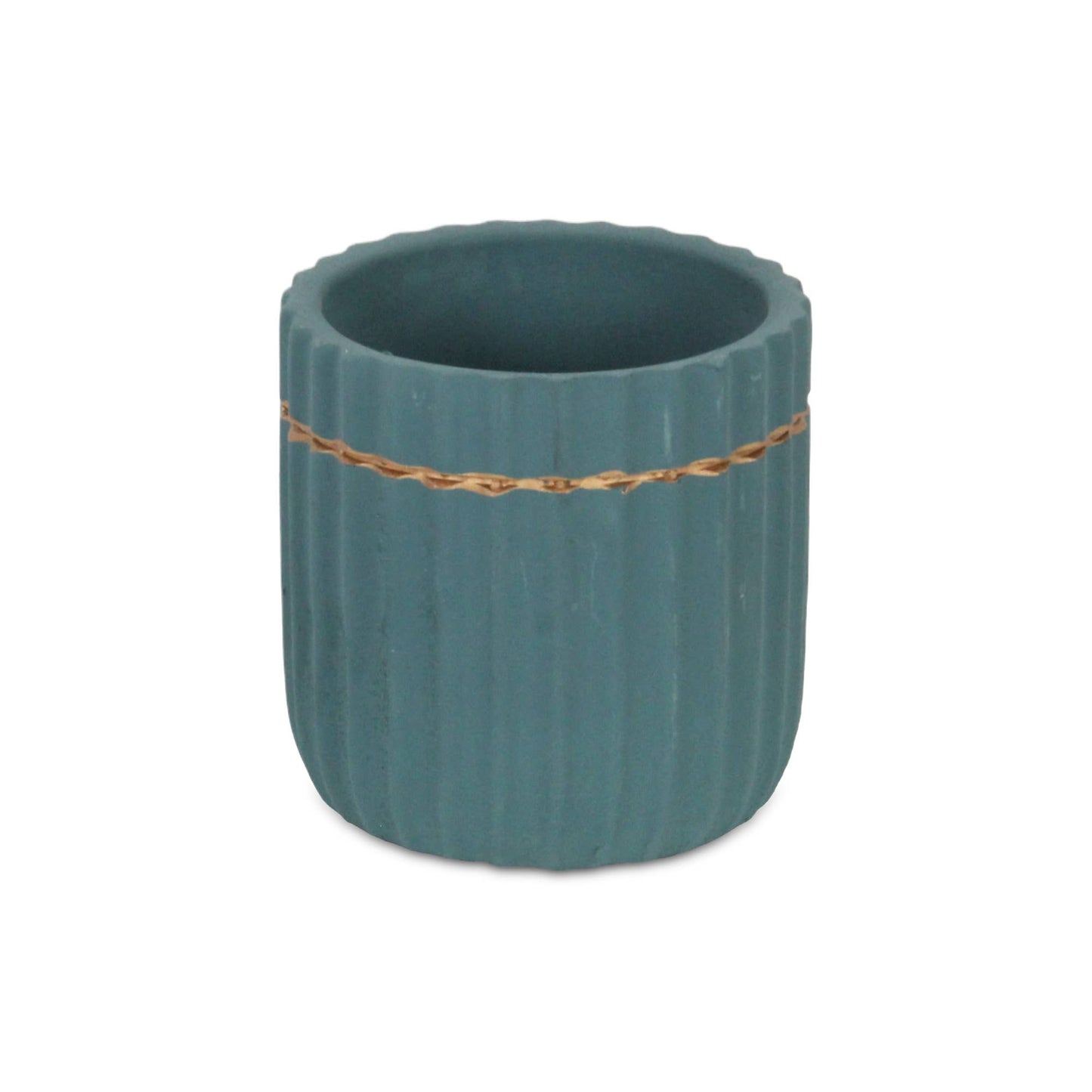 Aurine Round Gold Trimmed Ridged Ceramic Pot - Blue