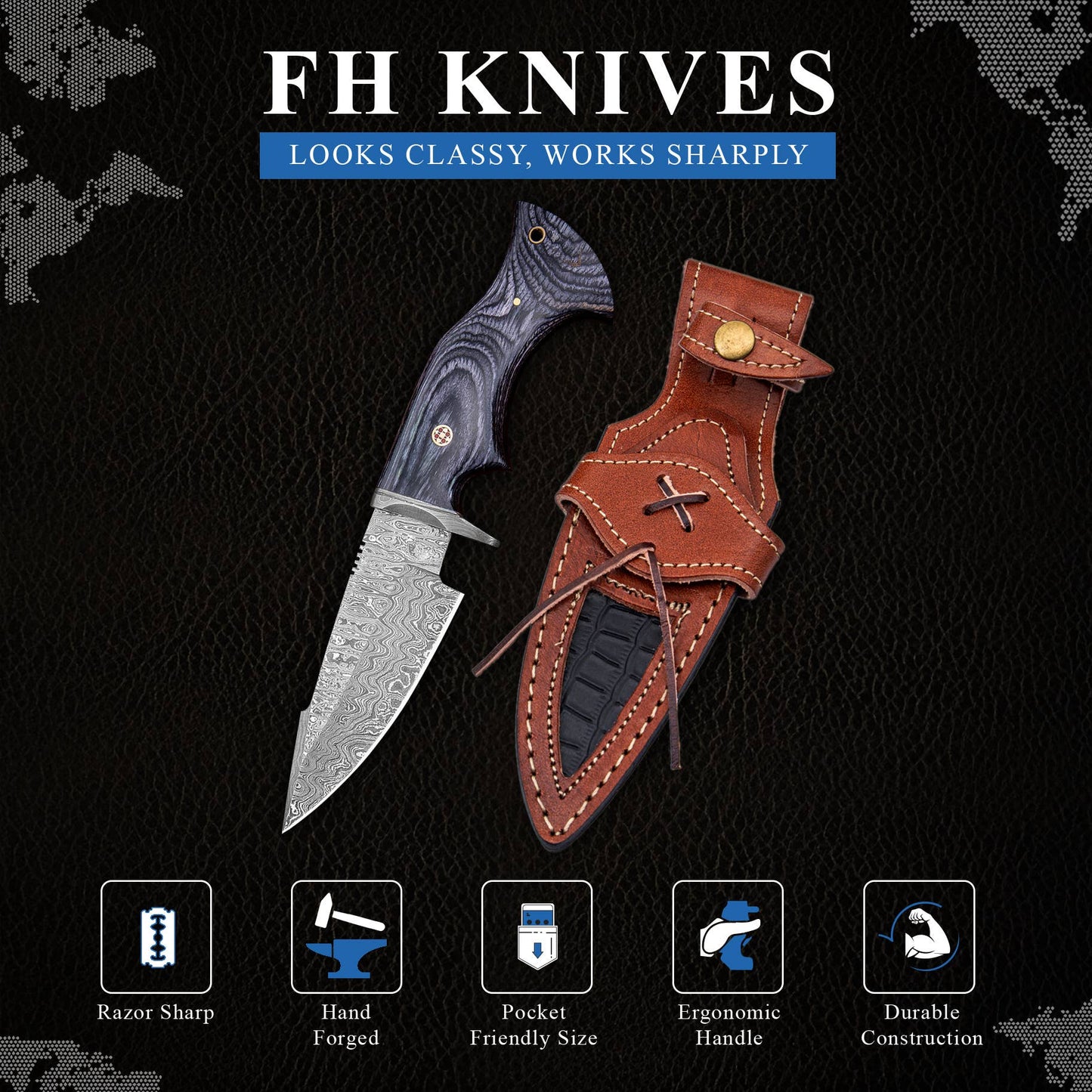 10' Handmade damascus steel knife with leather sheath