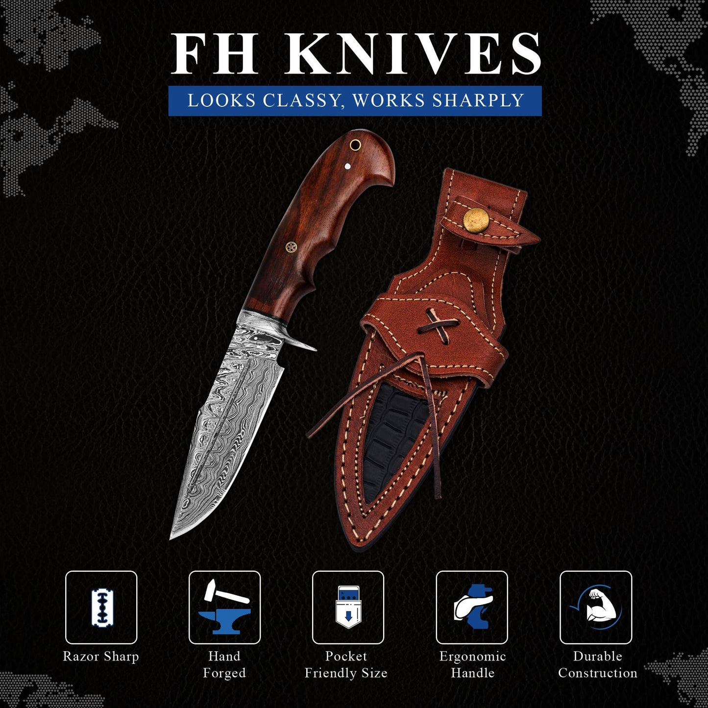 10' Handmade damascus steel knife with leather sheath