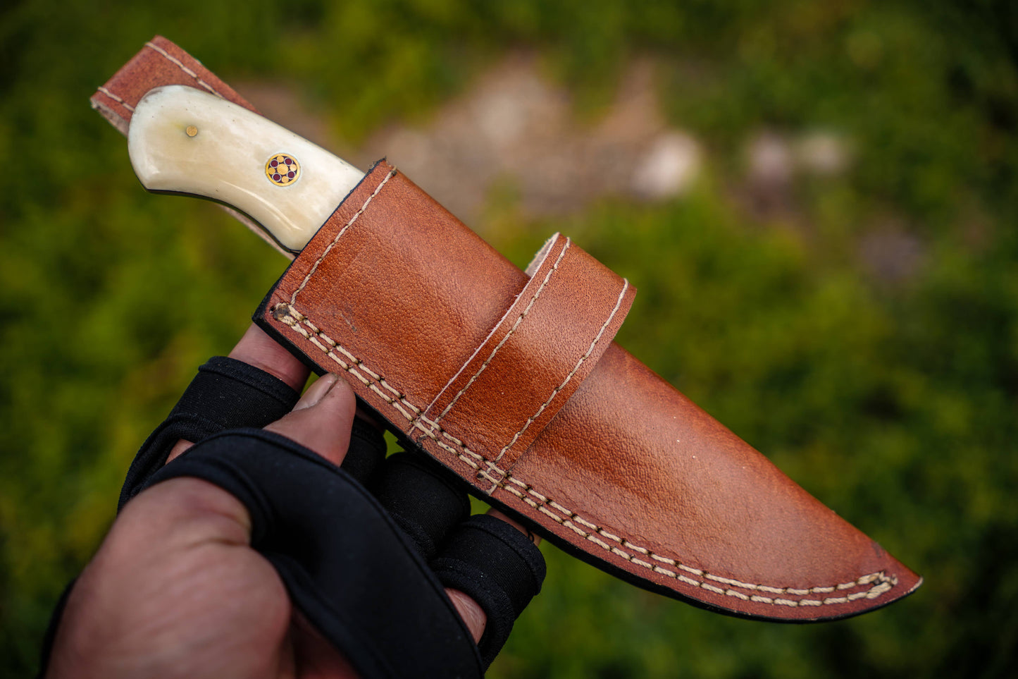 9' Damascus Guthook knife with leather sheath Bone Handle
