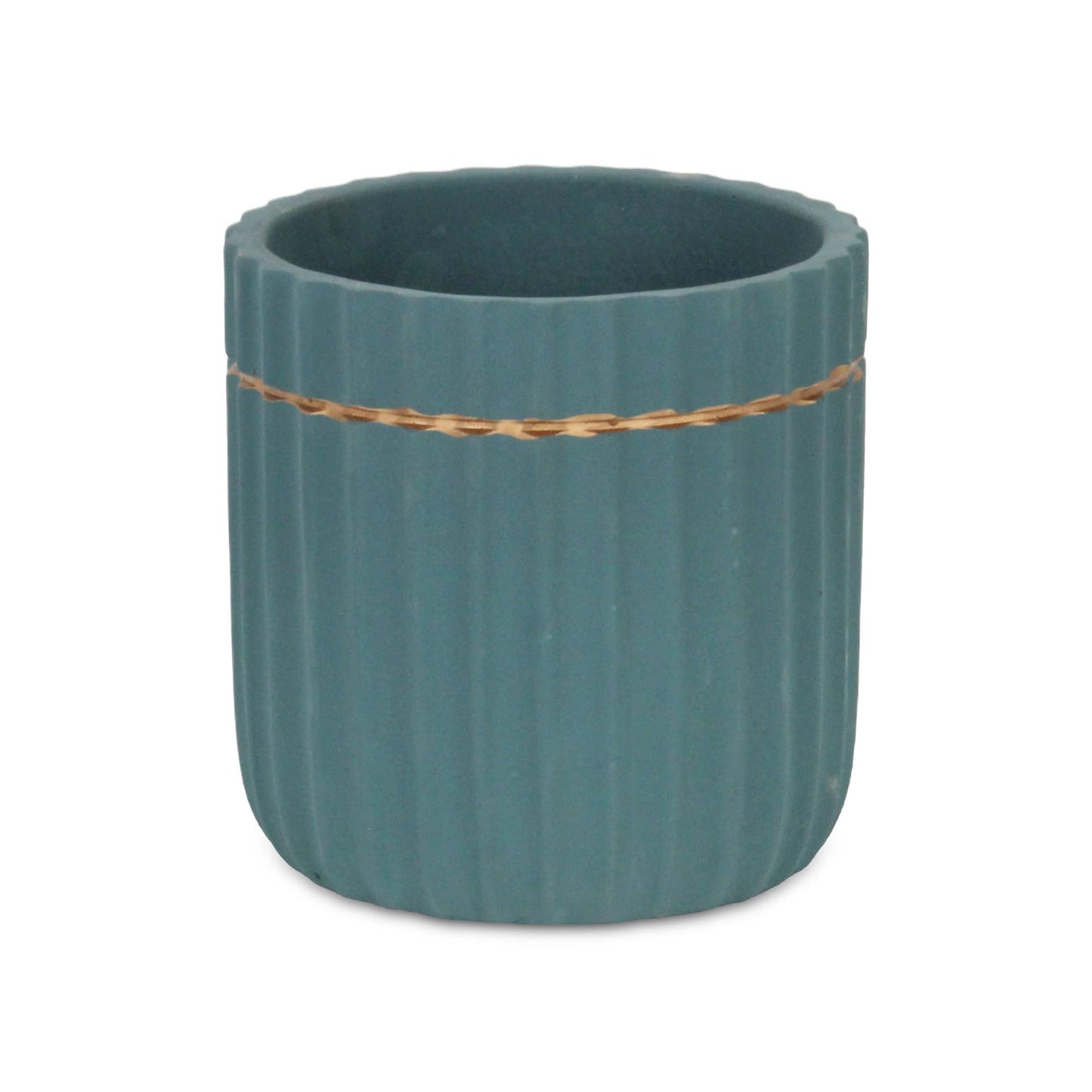 Aurine Round Gold Trimmed Ridged Ceramic Pot - Blue