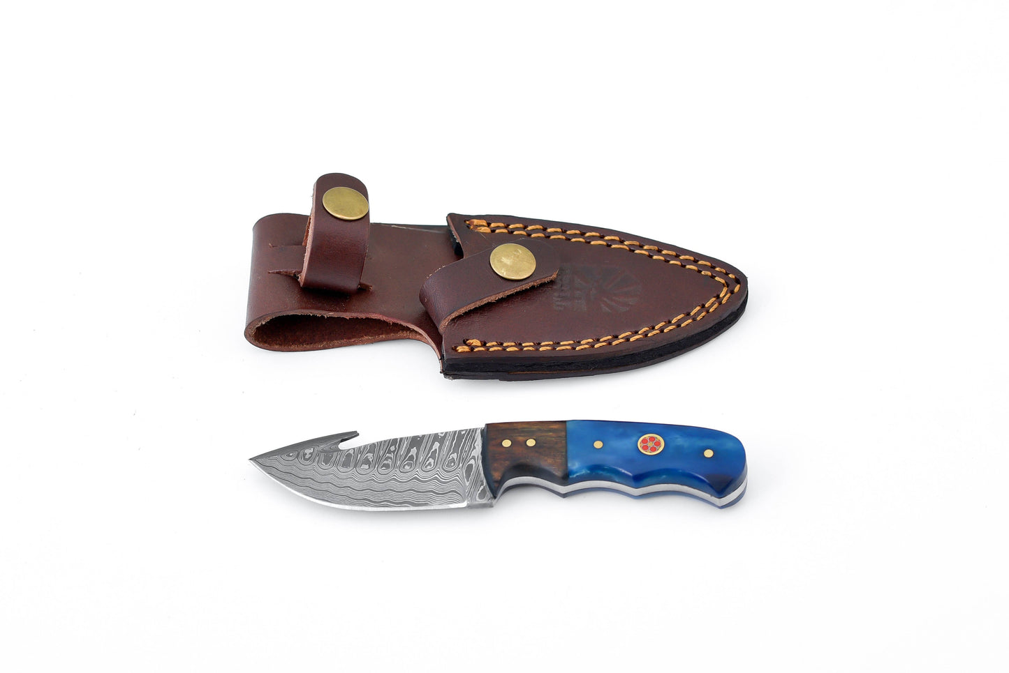 Damascus Skinning gut hook, Hunting Knife by Titan TD-176XS Blue