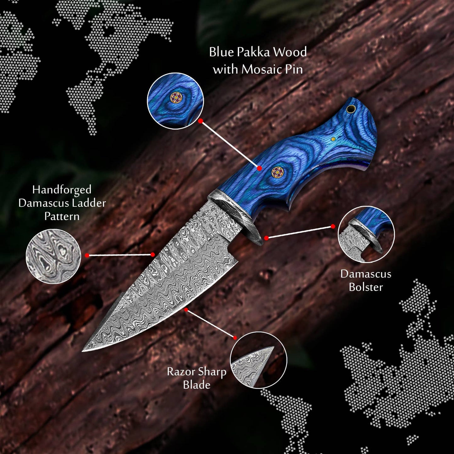 10' Handmade damascus steel knife with leather sheath