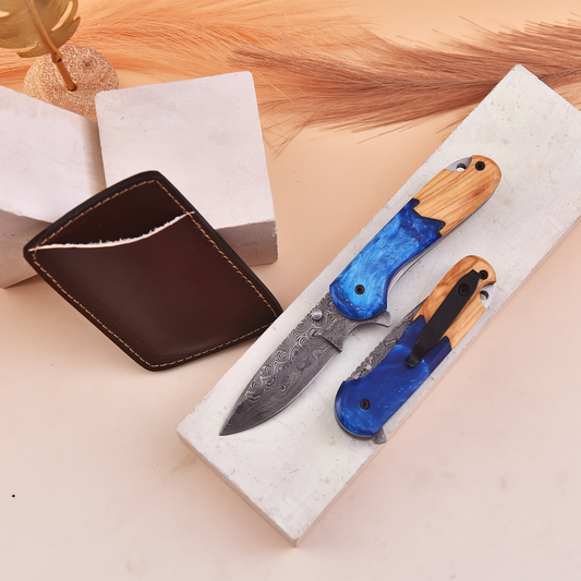 7.0' Damascus Sea Shore themed folding knife, Pocket Knife