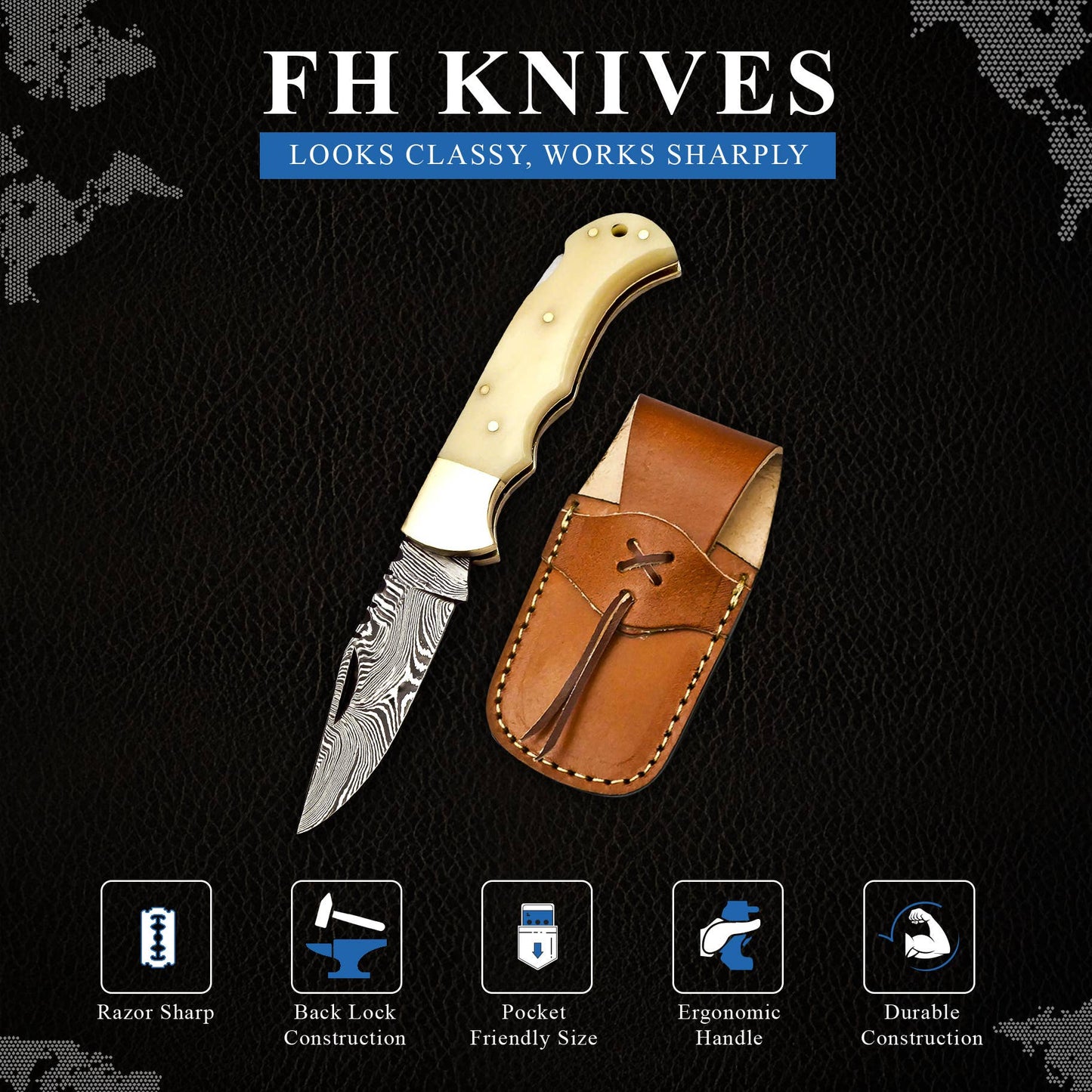 6.5' Handmade damascus folding knife, Pocket Knife