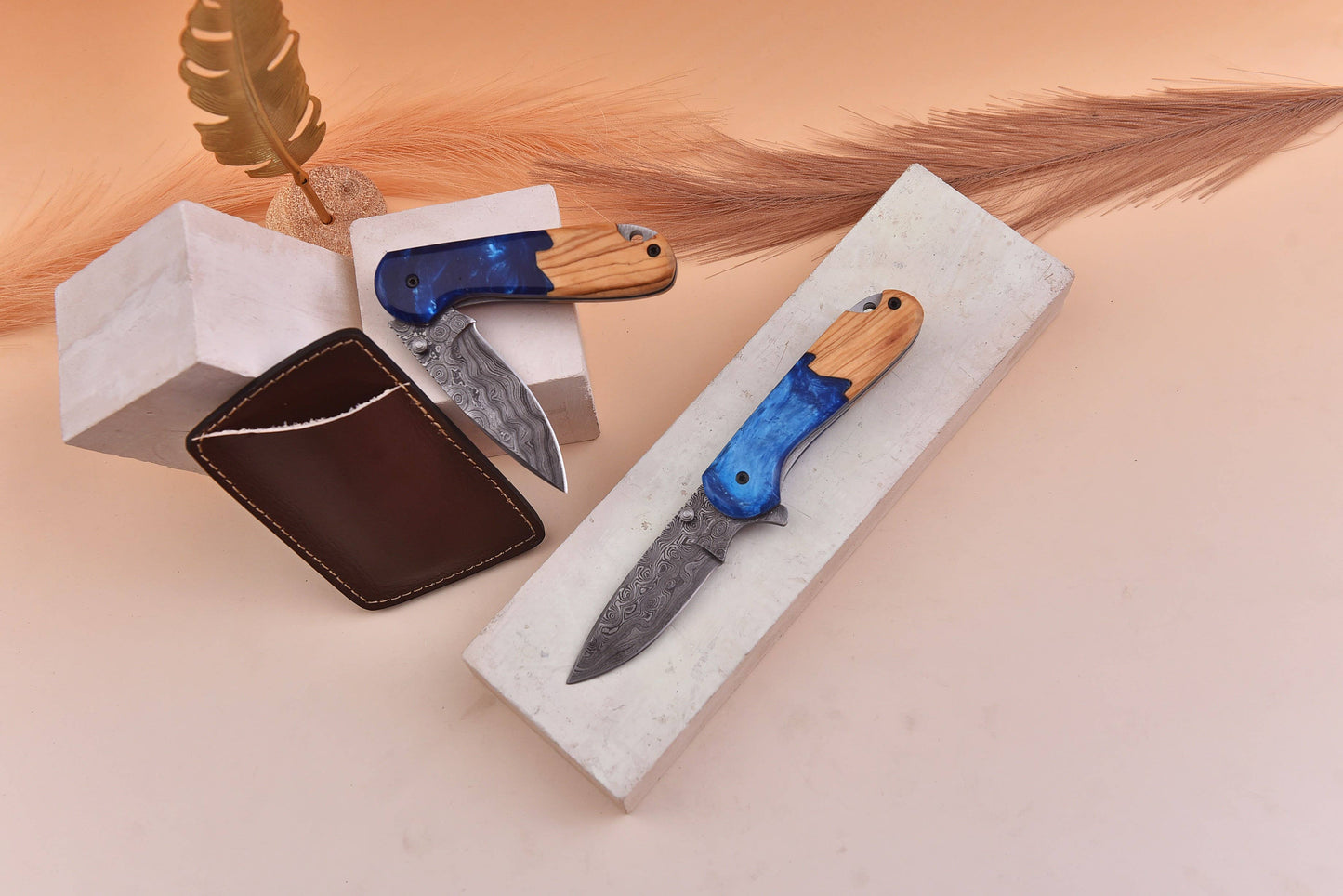 7.0' Damascus Sea Shore themed folding knife, Pocket Knife