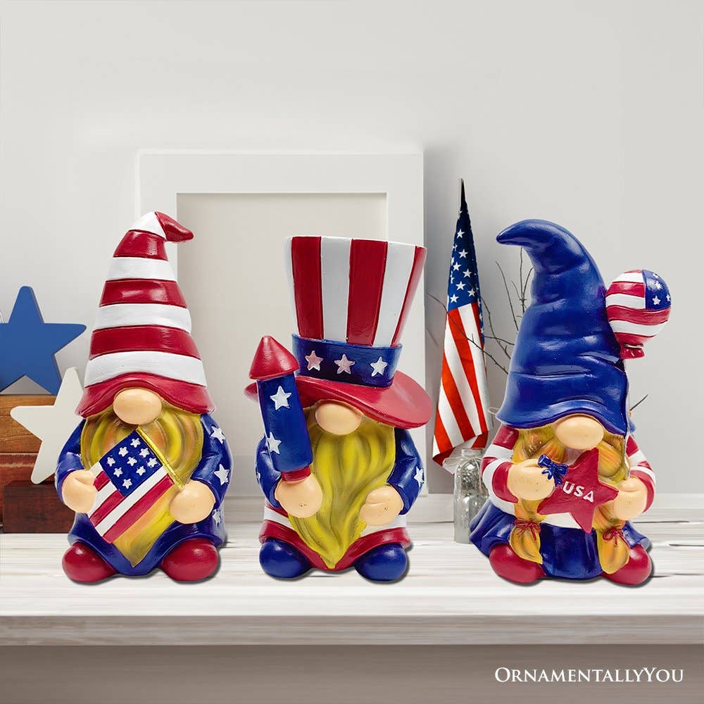 Patriotic Gnome Trio Figurines, Set of Three Garden Statue - Oak Down Collectibles