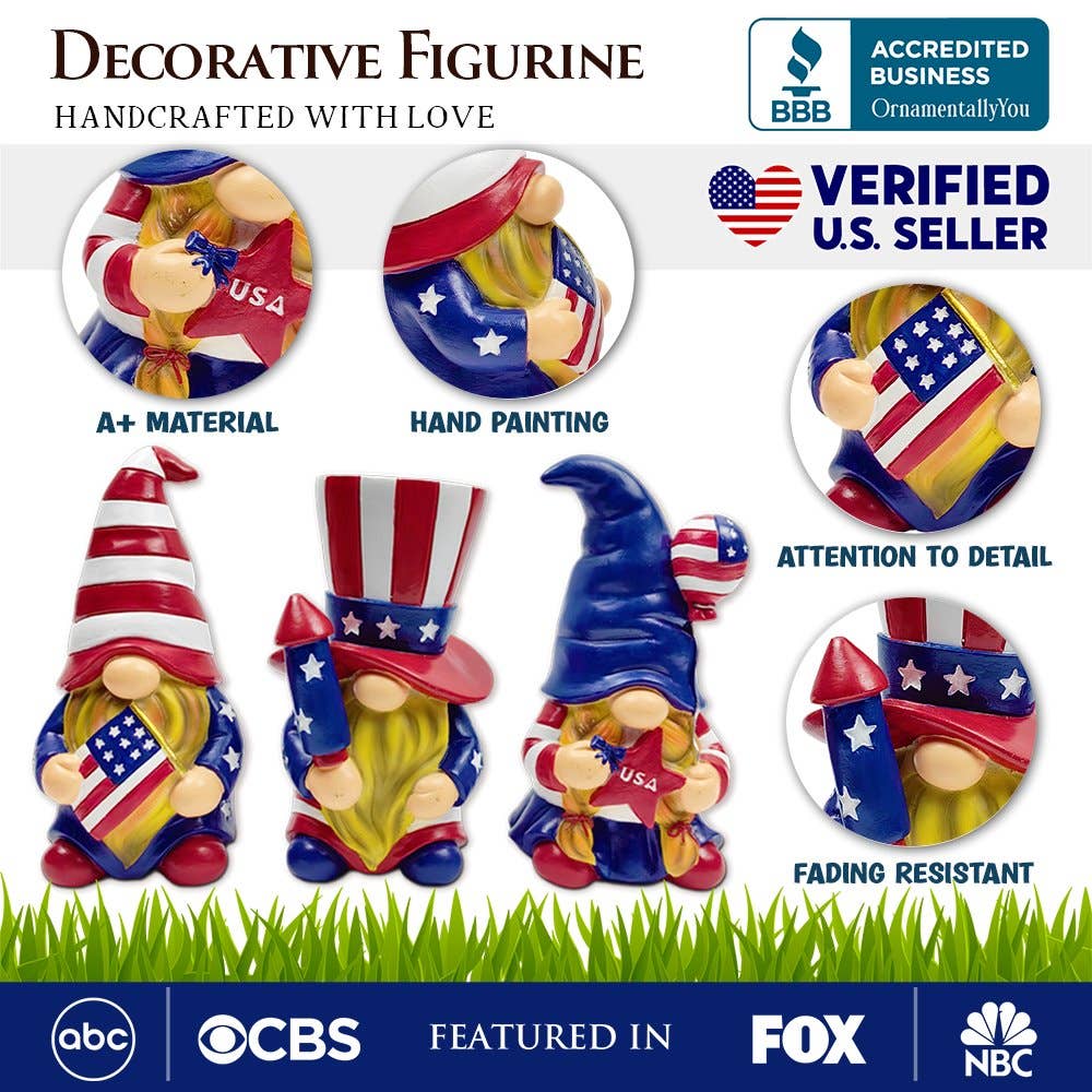 Patriotic Gnome Trio Figurines, Set of Three Garden Statue - Oak Down Collectibles