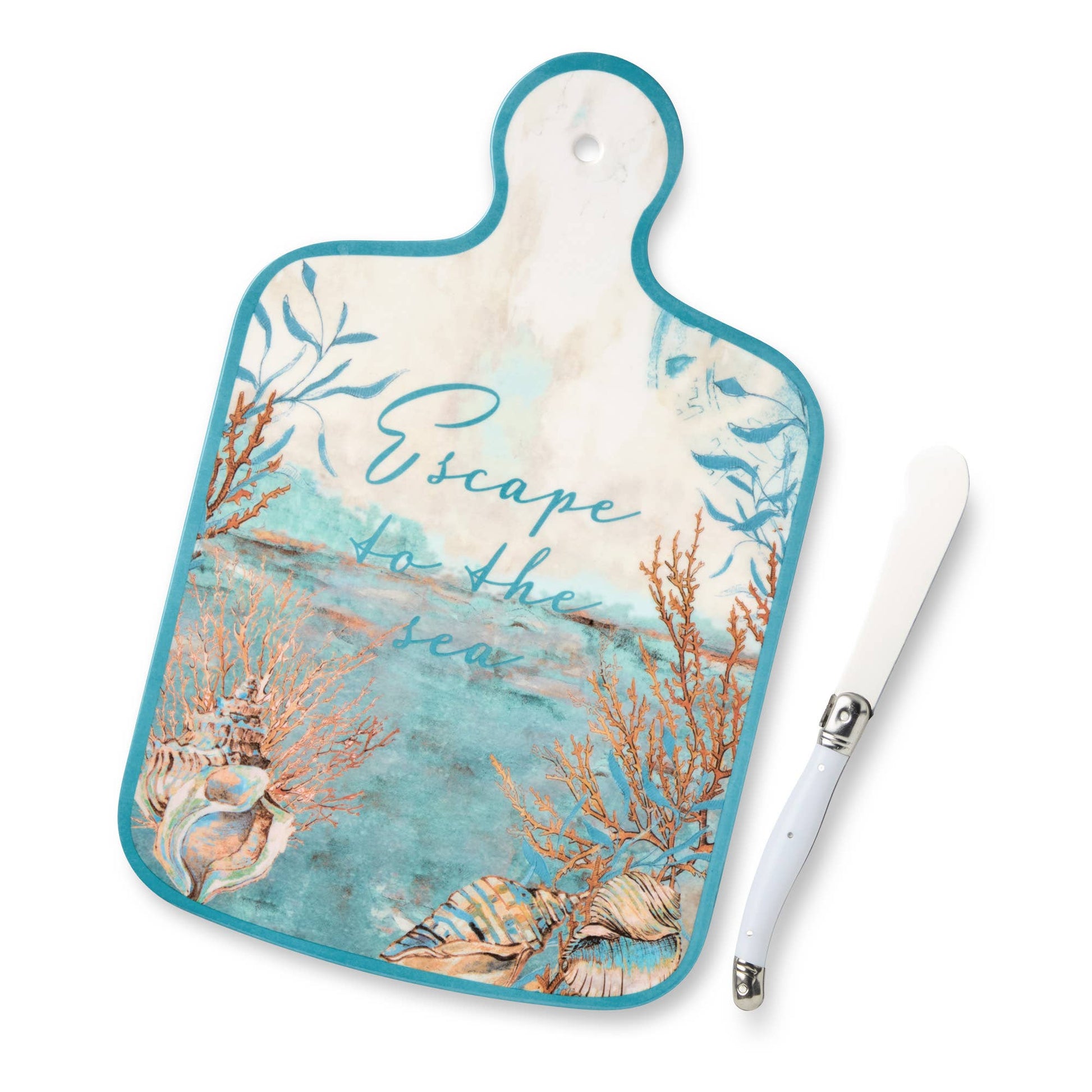 Escape to the Sea Cheese Board 13.25in x 8in with Knife - Oak Down Collectibles