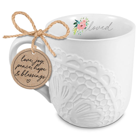 LCP Mug Lace Textured Loved White 16 Oz. - Oak Down Collectibles