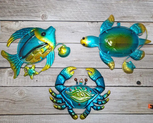 Glass and Metal Sea Turtle Wall Art, Crab Wall Art, Fish Wal