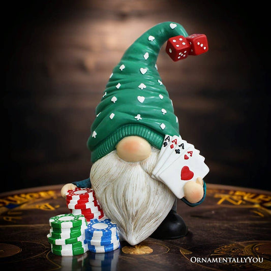 Casino Poker Gnome Figurine, 8" Room Table Decor Statue - Oak Down Collectibles