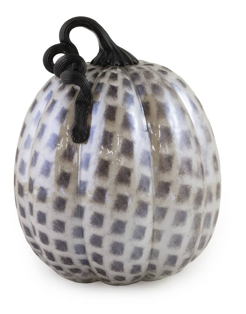 7" Dia Black & White Check Glass Pumpkin Fall