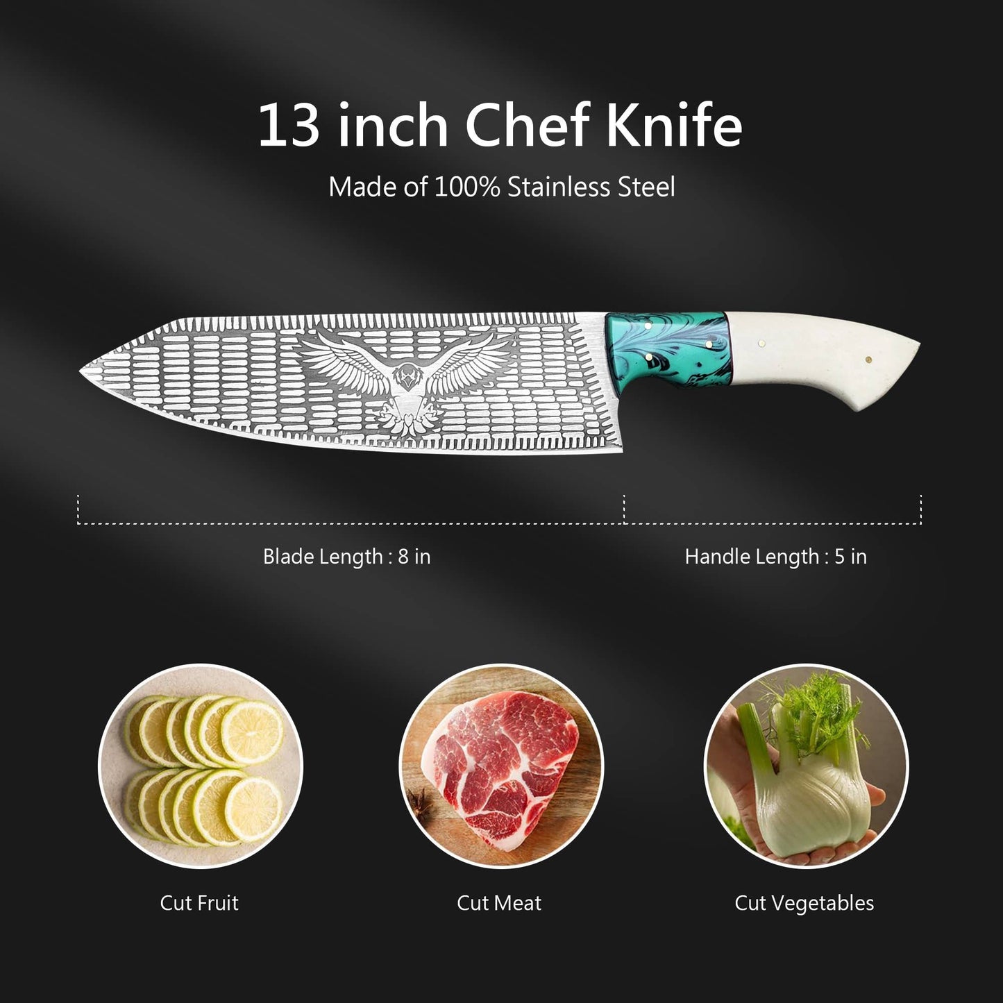Stainless steel chef knife Eagle style with leather sheath