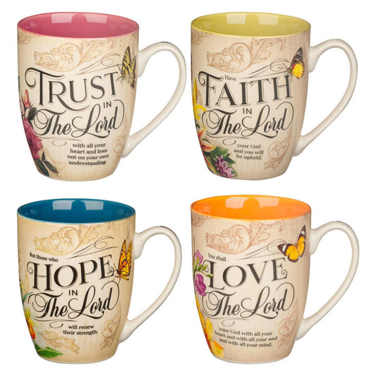 Mug Set 4pc Hope, Trust, Faith, Love Floral - Oak Down Collectibles