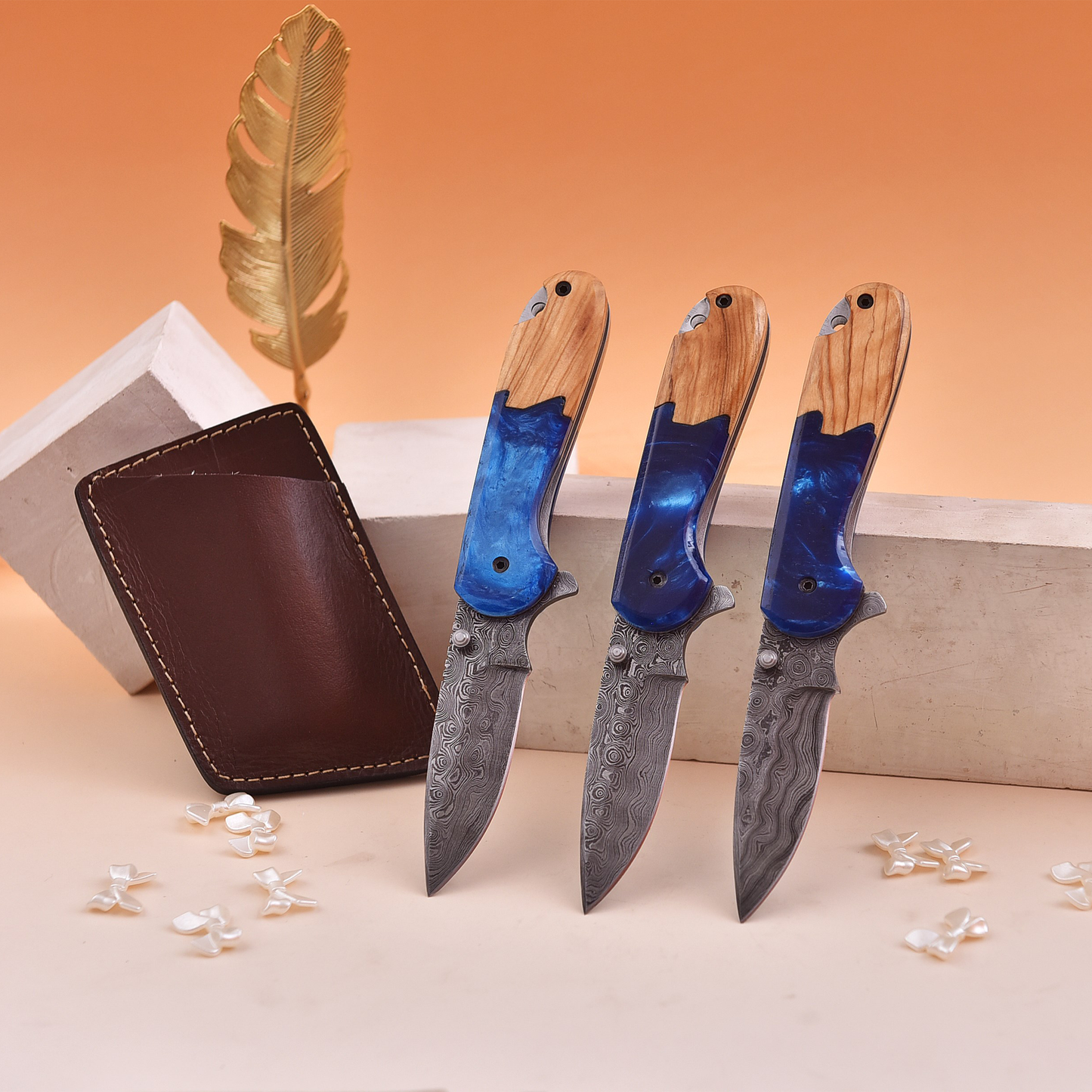 7.0' Damascus Sea Shore themed folding knife, Pocket Knife
