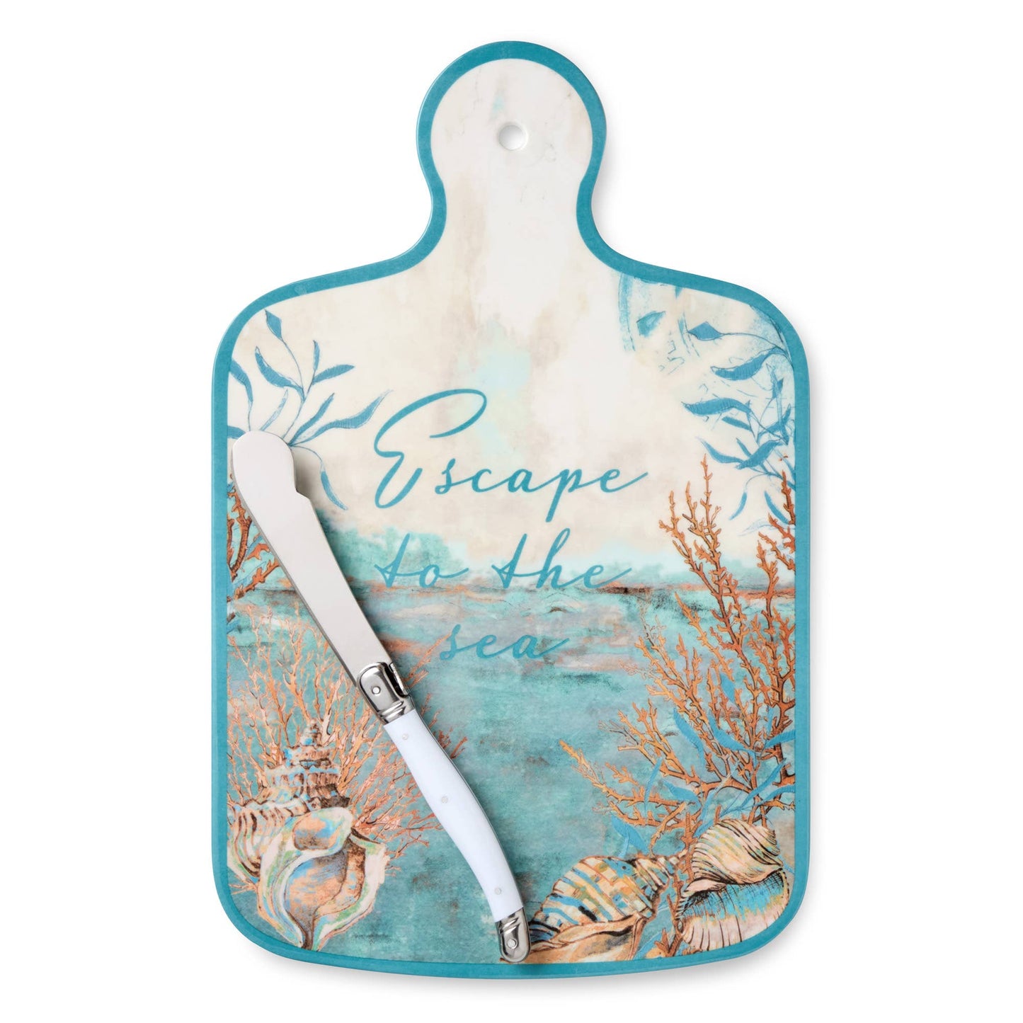 Escape to the Sea Cheese Board 13.25in x 8in with Knife - Oak Down Collectibles