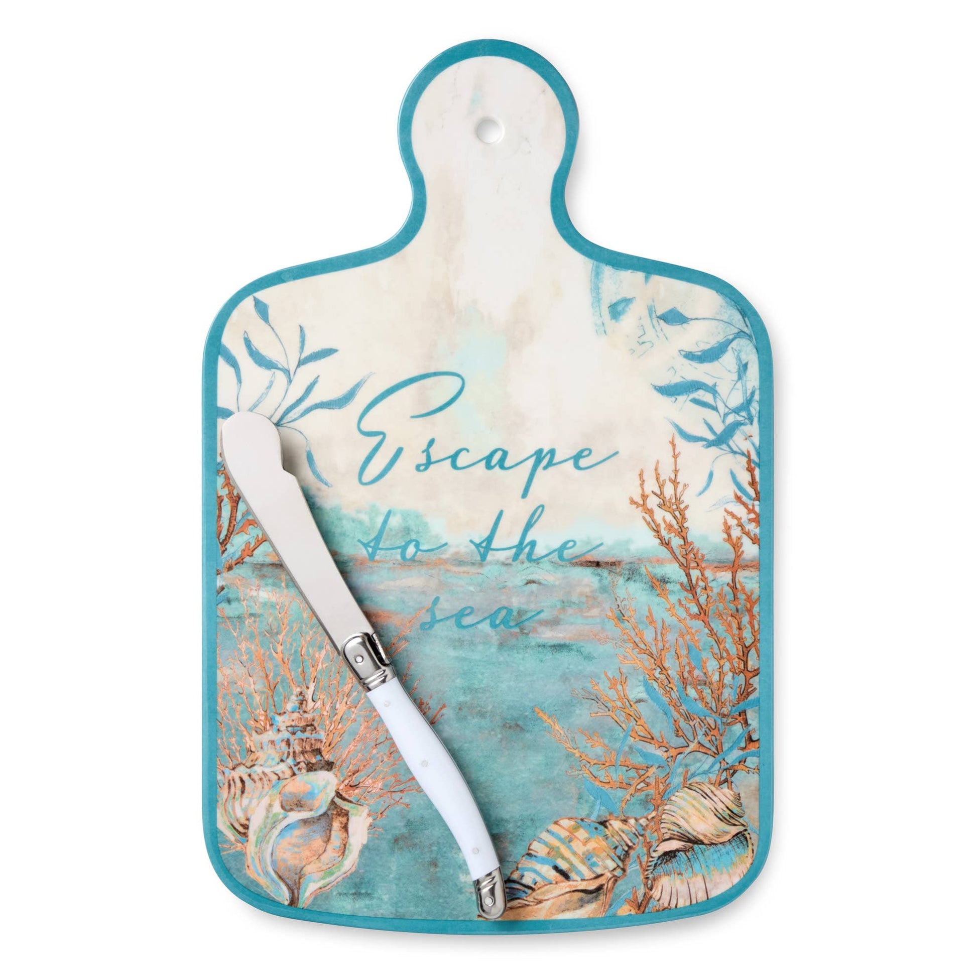 Escape to the Sea Cheese Board 13.25in x 8in with Knife - Oak Down Collectibles